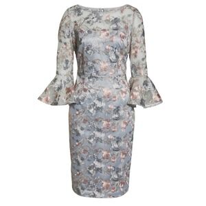 Eliza J Floral Embroidered Sheath Dress 2 Gray Pink  Bell Sleeves Floral Womens